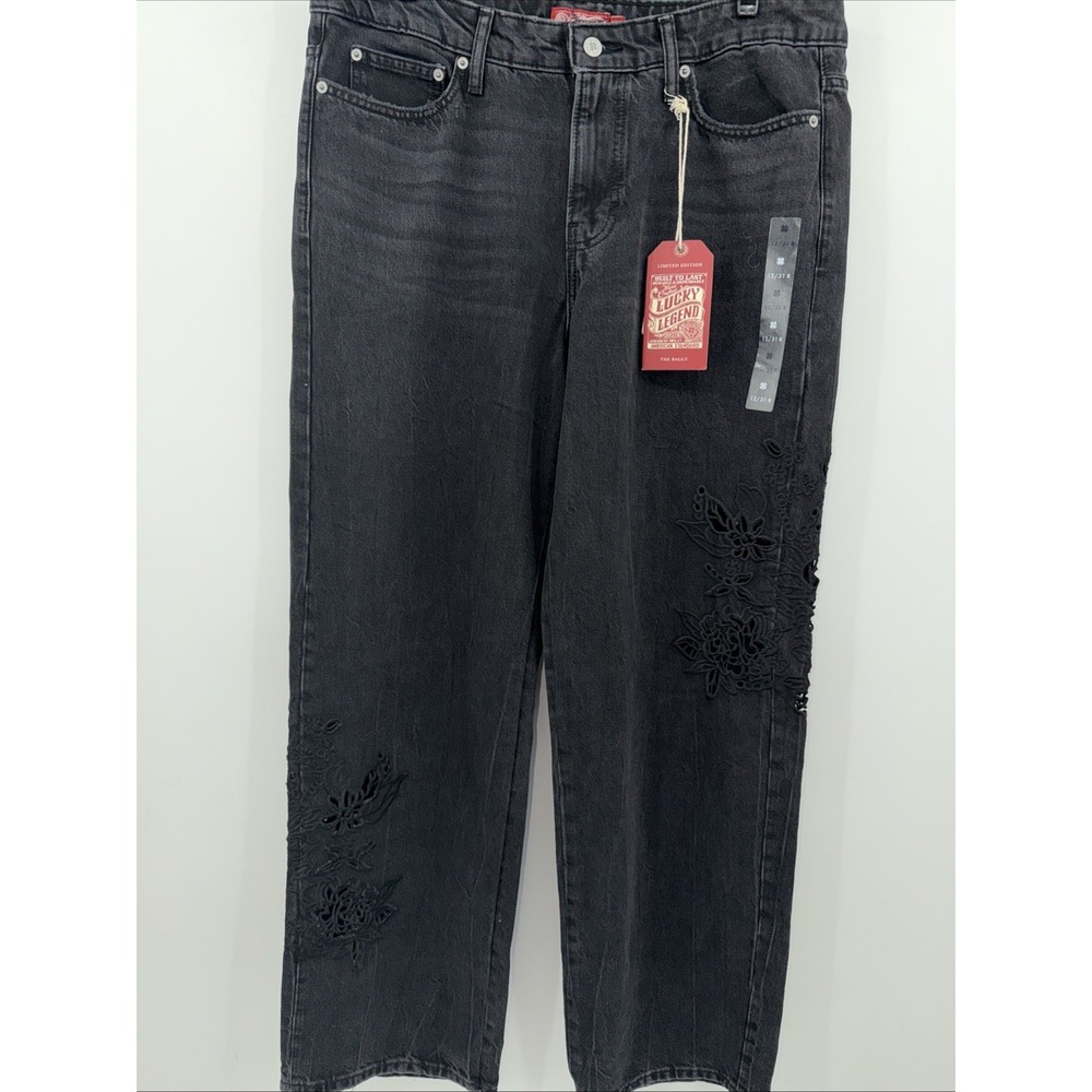 NEW Lucky The Baggy Jeans Floral Cutout Embroidered Black Denim 12/31 R BOHO 34"